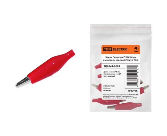Зажим крокодил TDM ЗКИ 5А 46мм в изоляции красный 10шт SQ0541-0003 