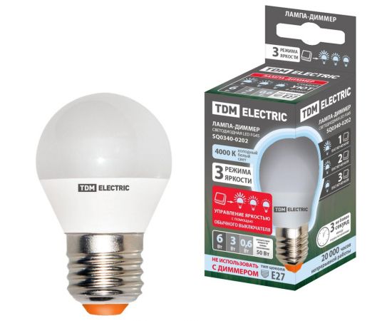 Светодиодная лампа TDM FG45-6 Вт-230 В-3000 К–E27 "Лампа-ДИММЕР" SQ0340-0203 