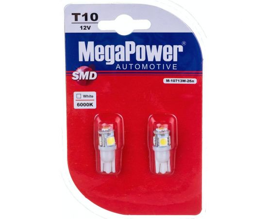 Автолампа MEGAPOWER T10W W2.1x9.5d 4 SMD 5050 WHITE блистер 2 шт 6000K 80лм 12V 1 50 10713 