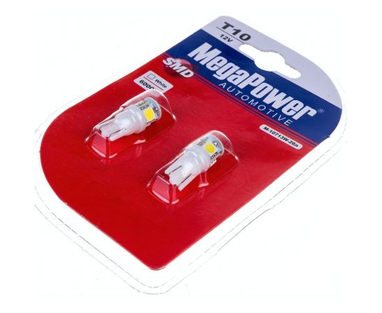 Автолампа MEGAPOWER T10W W2.1x9.5d 4 SMD 5050 WHITE блистер 2 шт 6000K 80лм 12V 1 50 10713 – изображение 2