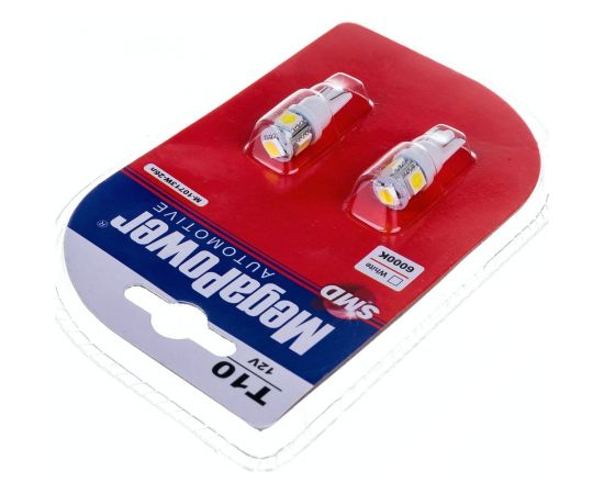 Автолампа MEGAPOWER T10W W2.1x9.5d 4 SMD 5050 WHITE блистер 2 шт 6000K 80лм 12V 1 50 10713 – изображение 3
