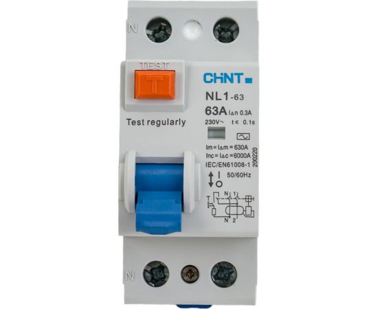 Выключатель дифференциального тока CHINT (УЗО) 2п 63А 300мА тип AC 6кА NL1-63 (R) 200220 