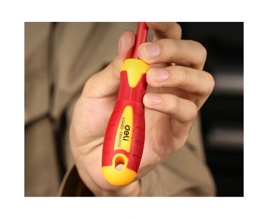 Диэлектрическая шлицевая отвертка DELI dl5141001 4x100 мм, сертификат vde до 1000 В, магнитный наконечник, сталь cr-v, рукоять pp+tpr 110582 – изображение 3