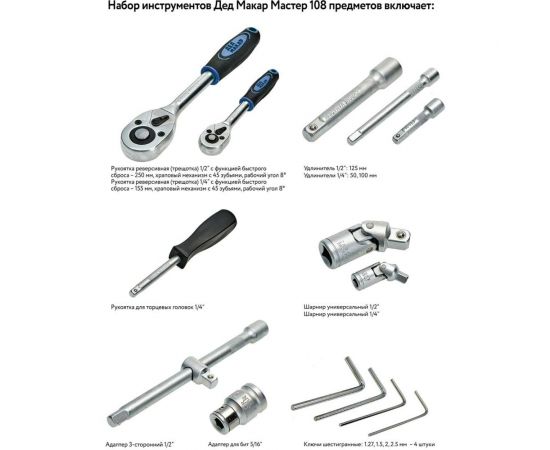 Набор инструментов Дед Макар Мастер 108 предметов МР-108 3 00-00015132 – изображение 4
