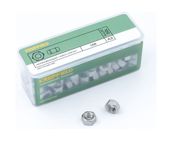 Гайка KREPFIELD нержавеющая, М8, DIN 934, А2, шестигранная, 100 шт. 934А2ГАЙКАМ8-100 