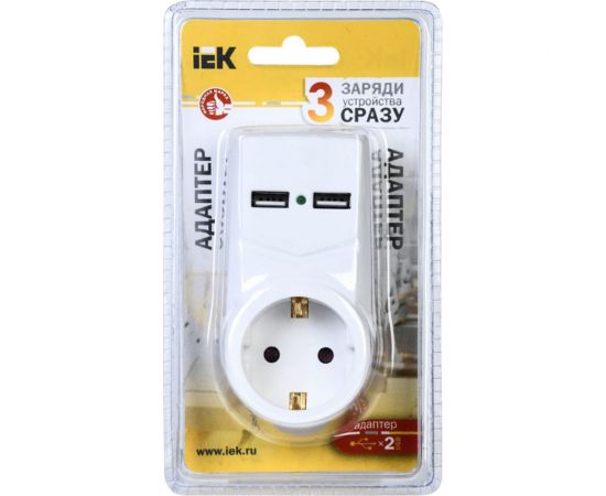 Адаптер IEK Т-01 01 1 место, 2P+PE, 16А, 2хUSB 2,1A, белый WTP10-16-01-ZKU-K01 – изображение 2