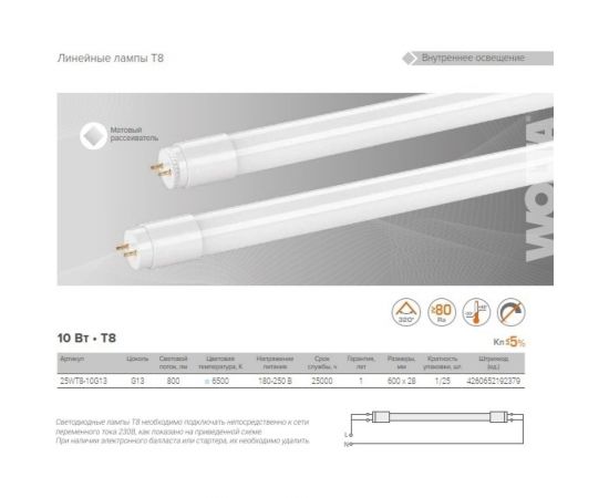 Светодиодная линейная лампа Wolta LED 10Вт, 6500К Холодный белый свет, G13, 600 мм 25WT8-10G13 – изображение 5