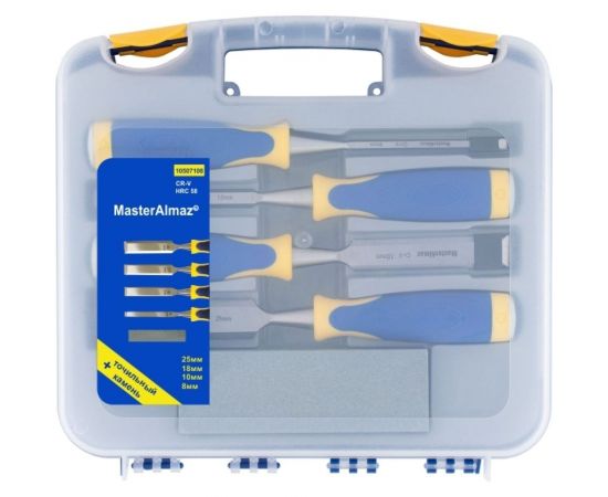 Набор стамесок МастерАлмаз в пластиковом кейсе, 8, 10, 18, 25 мм + точильный камень 10507108 