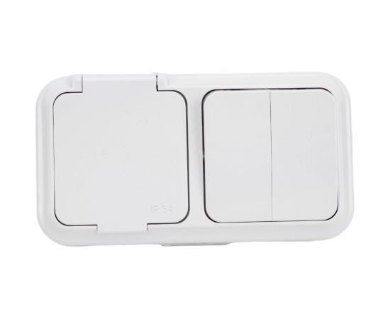 Блок Bylectrica 2 выключателя + розетка ОУ IP54, серия ПРАЛЕСКА АКВА, белый, 2В-РЦ-655 