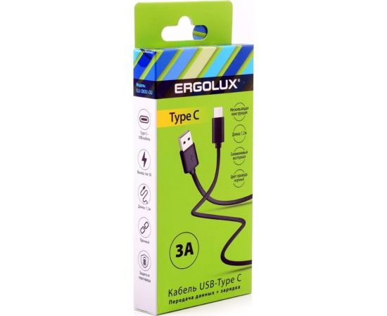 Кабель usb-type c Ergolux Elx-cdc02-c02 3а, 1,2м, черный, зарядка+передача данных, коробка 15094 