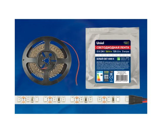 Гибкая светодиодная лента Uniel ULS-2835-120LED/m-8mm-IP20-DC24V-9,6W/m-5M-4000K, катушка 5м, UL-00005871 – изображение 3