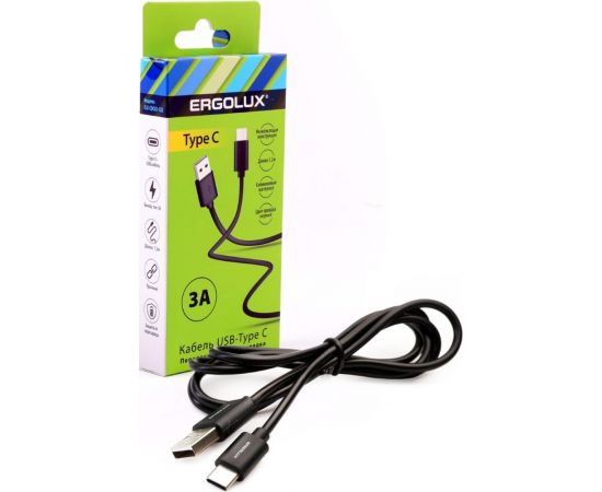 Кабель usb-type c Ergolux Elx-cdc02-c02 3а, 1,2м, черный, зарядка+передача данных, коробка 15094 – изображение 2