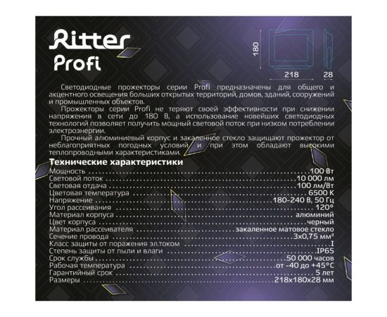 Светодиодный прожектор RITTER серия PROFI 230В 100 Вт 6500К 10000Лм IP65 черный 53410 9 – изображение 3