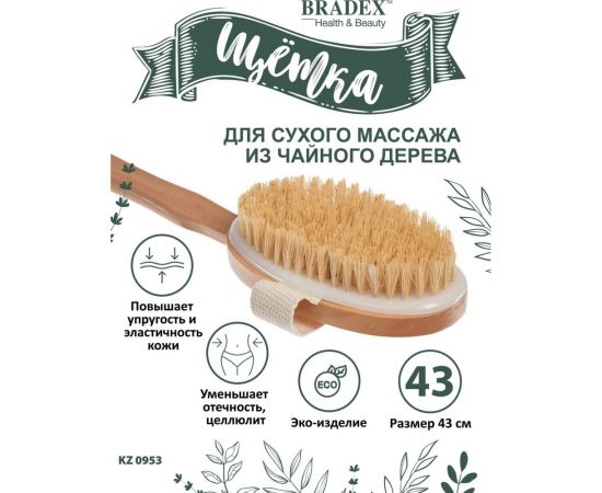 Щётка для сухого массажа BRADEX из чайного дерева, с щетиной кактуса, со съемной ручкой, 43 см KZ 0950 – изображение 5