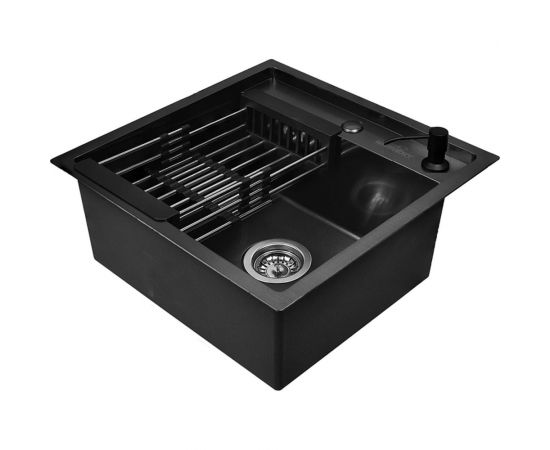 Комплект кухонная мойка WISENT из нержавеющей стали, с pvd покрытием, 50x50 см, с раздвижным коландером и дозатором WS35050B/W302644B/W405B/WGER010 – изображение 7