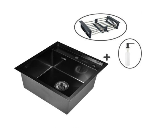 Комплект кухонная мойка WISENT из нержавеющей стали, с pvd покрытием, 50x50 см, с раздвижным коландером и дозатором WS35050B/W302644B/W405B/WGER010 – изображение 6