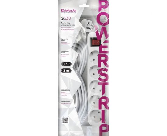 Удлинитель с заземлением Defender S530 Выключатель, 3.0 м, 5 розеток 99242 – изображение 3