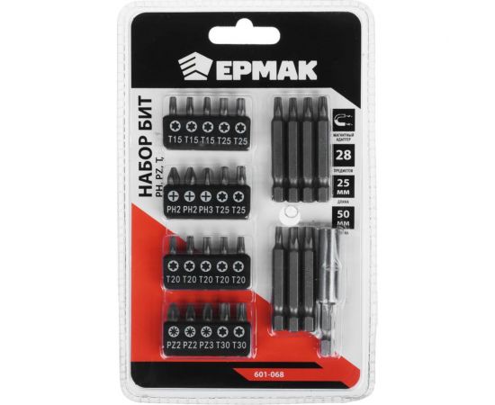 Набор бит на блистере 28 предметов, 20 бит, 25 мм + 7 бит, 50 мм + магнитный адаптер 60 мм ЕРМАК 601-068 