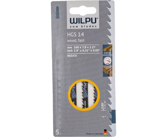 Пилка по дереву HGS 14 (5 шт; 100х7.8х1.27 мм; 75 мм; 6.35 TPI; HCS/CV) WILPU 236000005 