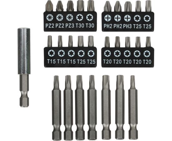 Набор бит на блистере 28 предметов, 20 бит, 25 мм + 7 бит, 50 мм + магнитный адаптер 60 мм ЕРМАК 601-068 – изображение 3