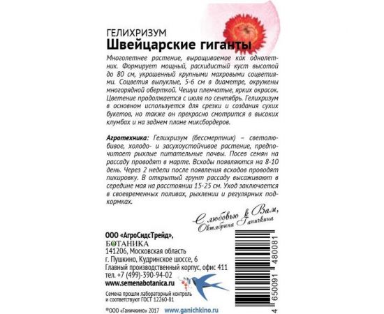 Семена ОКТЯБРИНА ГАНИЧКИНА Гелихризум Швейцарские гиганты 0.2 г 119323 – изображение 2