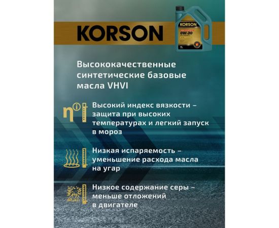 Моторное масло KORSON 0W-30 синтетическое, 4 л KS00222 – изображение 4