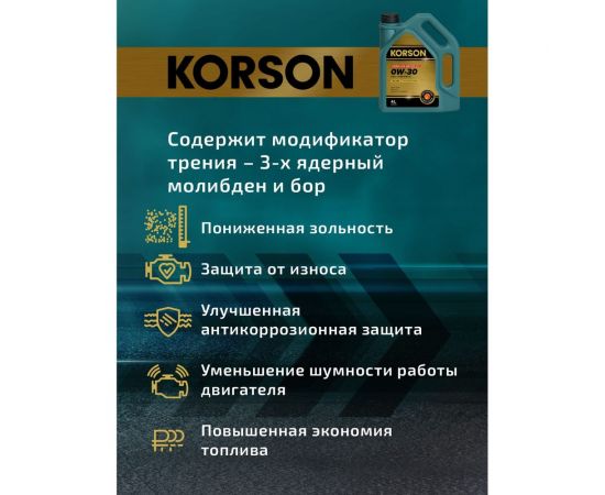 Моторное масло KORSON 0W-30 синтетическое, 4 л KS00222 – изображение 3