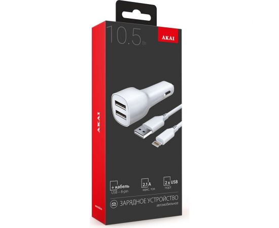 Универсальное автомобильное зарядное устройство AKAI CH-6D10 2хUSB, 2.1 A, + кабель 8-Pin Lightning, белый CH-6D10W – изображение 2