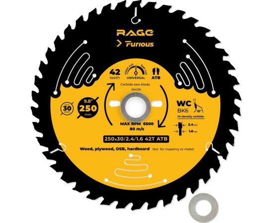 Диск пильный universal 250 мм (9 7/8""), z42, посадка 30+25.4/20/16 мм rage furious VIRA 594236 