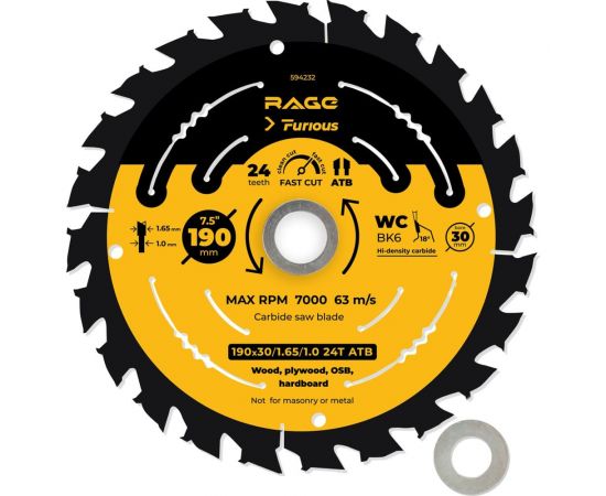 Диск пильный fast cut 190 мм (7 1/2”), z24, посадка 30+20/16 мм rage furious VIRA 594232 