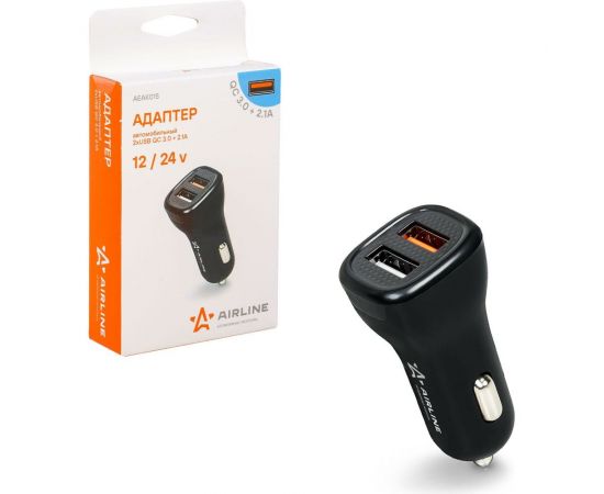 Автомобильный адаптер AIRLINE 2хUSB, QC 3.0 + 2.1 А, 12/24 В AEAK015 – изображение 2