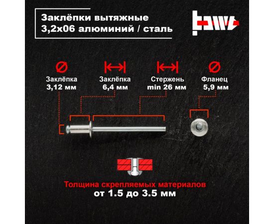Вытяжные заклепки BOWT алюминий-сталь, 3.2x6 мм, 10 шт. A03001 – изображение 4