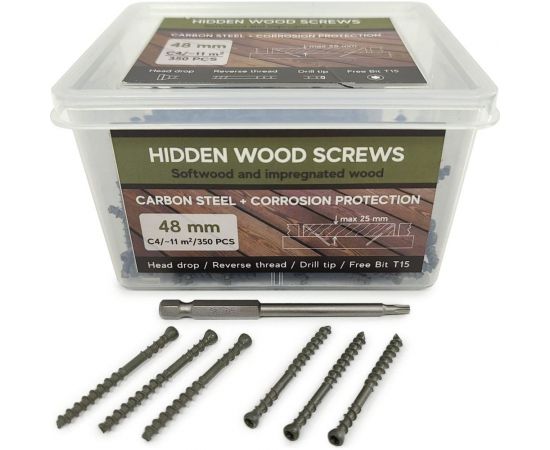 Саморезы с антикоррозийным покрытием для скрытого монтажа террас и фасадов Camo Hidden Wood Screws C4 48 mm, 350 шт. 48350C4 