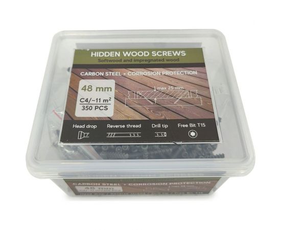 Саморезы с антикоррозийным покрытием для скрытого монтажа террас и фасадов Camo Hidden Wood Screws C4 48 mm, 350 шт. 48350C4 – изображение 3