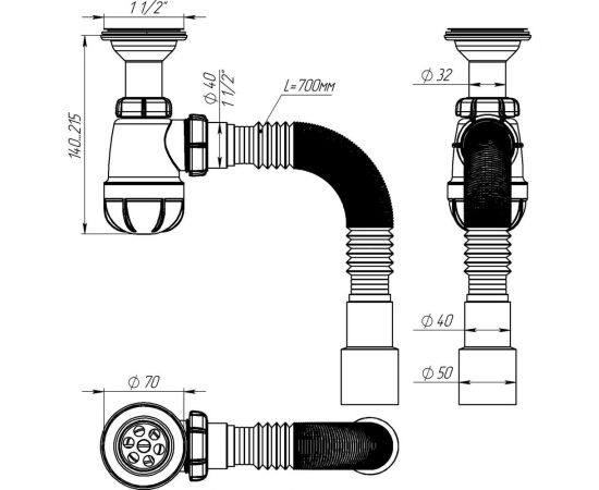 Сифон для умывальника Aquant 1 1/2"х40 с удлинённой горловиной с мет.реш. с г.т. 40x40/50 S0515-35-MR – изображение 2
