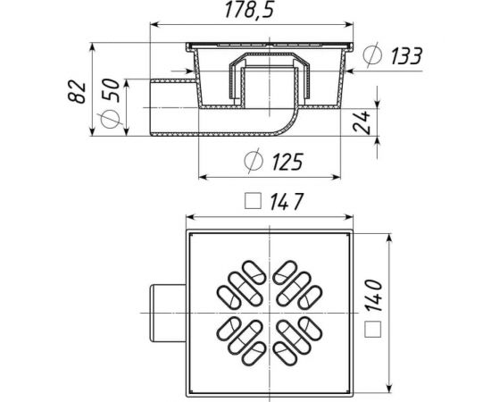 Трап Татполимер ТП-103.50-150HSMs ПП 50 горизонтальный выпуск, решетка нерж. сталь 150x150, сухой механический затвор 28517 – изображение 2