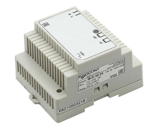 Блок питания INNOCONT -10 +50С, IP20, вход: 220VAC, 0.48А, выход: 30W, 24VDC, 1.5A, типы защиты: КЗ, перегрузка, перенапряжение SB-D-30-24 