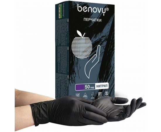 Медицинские диагностические одноразовые перчатки BENOVY нитриловые, черные, р. M, 100 шт 24 547 