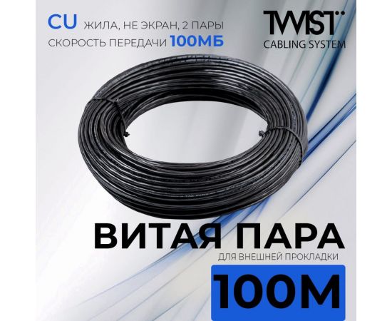 Кабель витая пара TWIST 100м, U/UTP, 2PR, cat. 5e, Cu, PE, 24 AWG, outdoor TWT2-5EUTP-OUT/100 – изображение 4