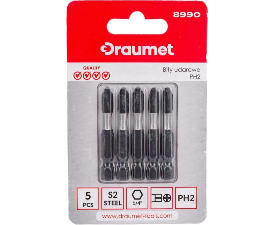 Ударные биты PH2, 50 мм, S2, 5 шт DRAUMET 8990 