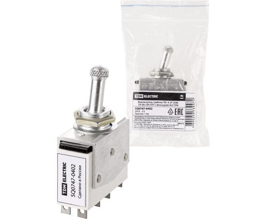 Выключатель-тумблер TDM тв1-4 2p 250 в 5 а (8c) on-off с фиксацией (4з) SQ0747-0402 