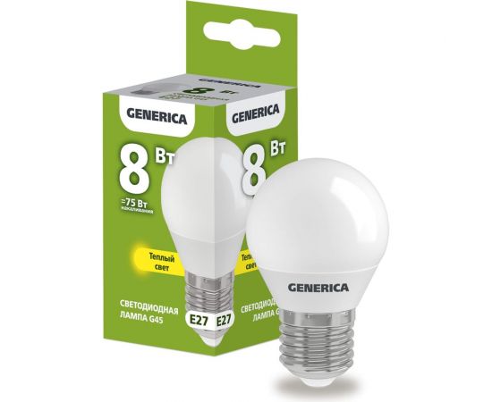 Светодиодная лампа GENERICA G45 шар 8Вт 230В 3000К E27 LL-G45-08-230-30-E27-G 