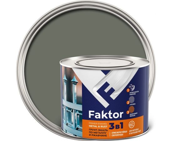 Грунт-эмаль ЯРОСЛАВСКИЕ КРАСКИ FAKTOR на ржавчину 3 в 1, серая, банка 1.9 кг 215142 