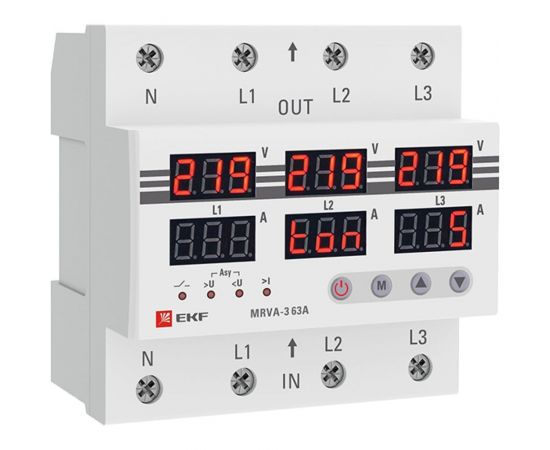 Трехфазное реле напряжения и тока EKF с дисплеем MRVA-3, 63A MRVA-3-63A 