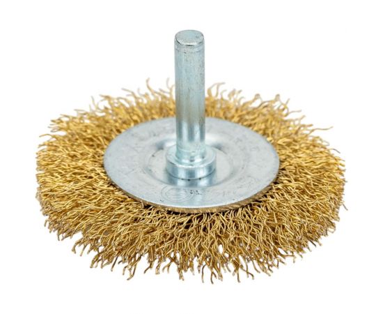 Щётка-крацовка латунированная для дрели (65 мм; ц/х; мягкая; плоская/шпилька) Orientcraft CIRS06521213 