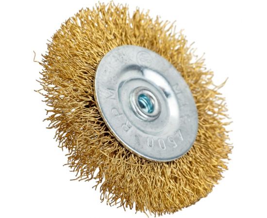 Щётка-крацовка латунированная для дрели (65 мм; ц/х; мягкая; плоская/шпилька) Orientcraft CIRS06521213 – изображение 2