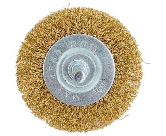 Щётка-крацовка латунированная для дрели (65 мм; ц/х; мягкая; плоская/шпилька) Orientcraft CIRS06521213 – изображение 3