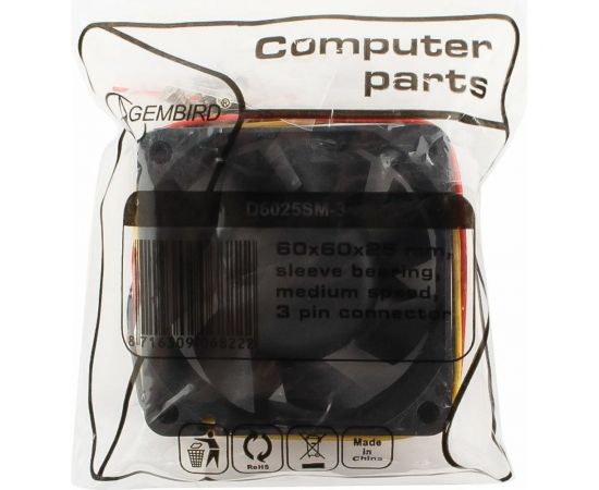 Вентилятор Gembird 60x60x25, втулка, 3 pin, провод 25 см, D6025SM-3 – изображение 3