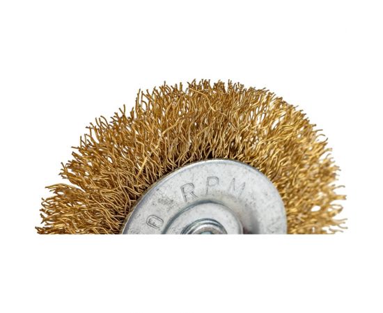 Щётка-крацовка латунированная для дрели (65 мм; ц/х; мягкая; плоская/шпилька) Orientcraft CIRS06521213 – изображение 4