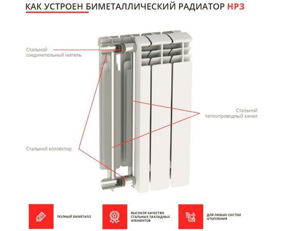 Биметаллический радиатор НРЗ серия ПРОФИ 500/ 100 8 секций 4603335720702 – изображение 2